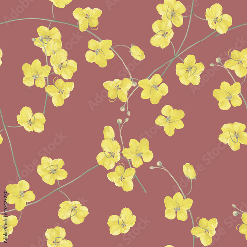 Floral seamless pattern, yellow golden shower flowers on dark red