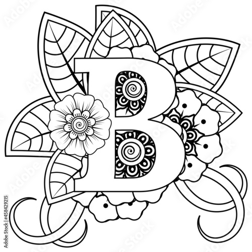 Letter B with Mehndi flower. decorative ornament in ethnic oriental style. coloring book page. 