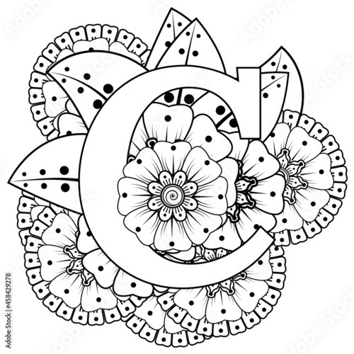 Letter C with Mehndi flower. decorative ornament in ethnic oriental style. coloring book page. 