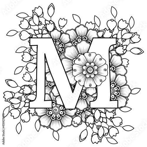 Letter M with Mehndi flower. decorative ornament in ethnic oriental style. coloring book page. 