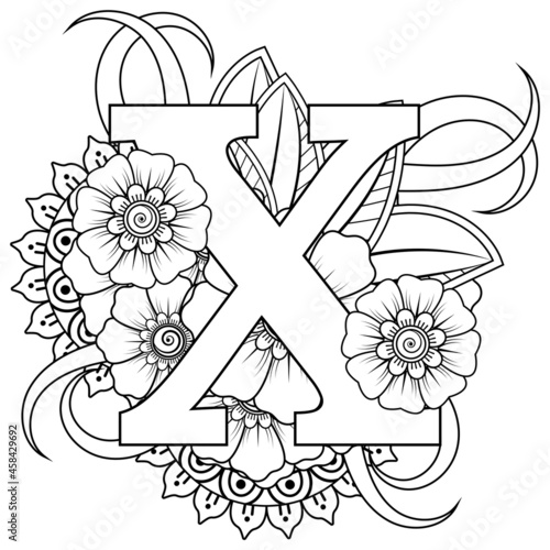 Letter X with Mehndi flower. decorative ornament in ethnic oriental style. coloring book page. 