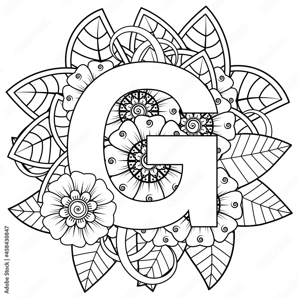 Letter G with Mehndi flower. decorative ornament in ethnic oriental style. coloring book page. Letter G with Mehndi flower. decorative ornament in ethnic oriental style. coloring book page.