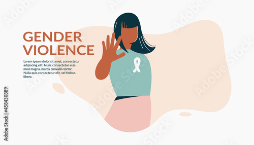 Gender violence concept Woman show stop gesture protest against racial or gender discrimination. Elimination violence against girl. Women day and rights flat vector illustration, web banner template