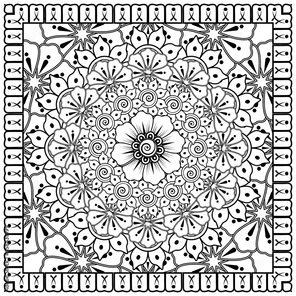 Outline square flower pattern in mehndi style for coloring book page Outline square flower pattern in mehndi style for coloring book page