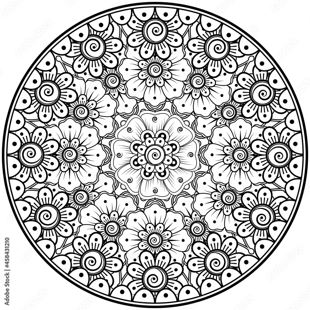 Circular pattern in the form of mandala with flower for henna, mehndi, tattoo, decoration. 