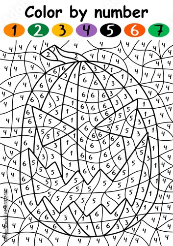 Halloween pumpkin color by number vector illustration. Educational activity page for children with numbers in English. Color each piece by correct color and get a scary carved halloween pumpkin