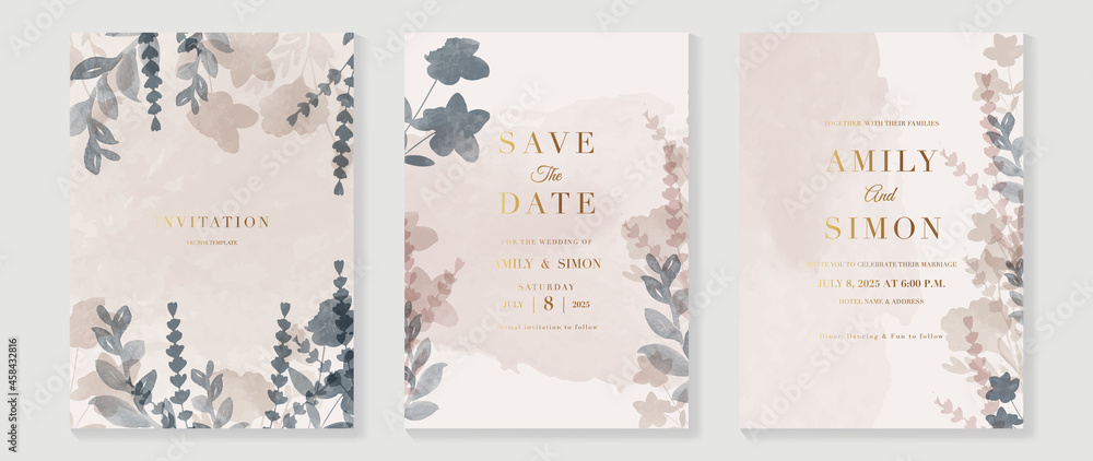 Luxury Wedding invitation vector set. Watercolor wedding card collection with golden texture and floral hand drawing. Save the date cards. Vector illustration.