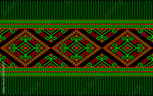 Green Red Native or Tribal Seamless Pattern on Black Background in Symmetry Rhombus Geometric Bohemian Style for Clothing or Apparel,Embroidery,Fabric,Package Design