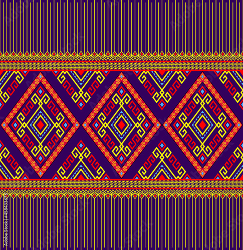Yellow Red Ethnic or Native Seamless Pattern on Purple Background in Symmetry Rhombus Geometric Bohemian Style for Clothing or Apparel,Embroidery,Fabric,Package Design