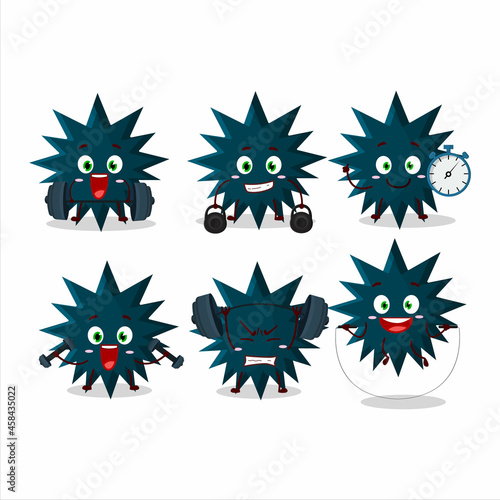 A healthy biohazard virus cartoon style trying some tools on Fitness center