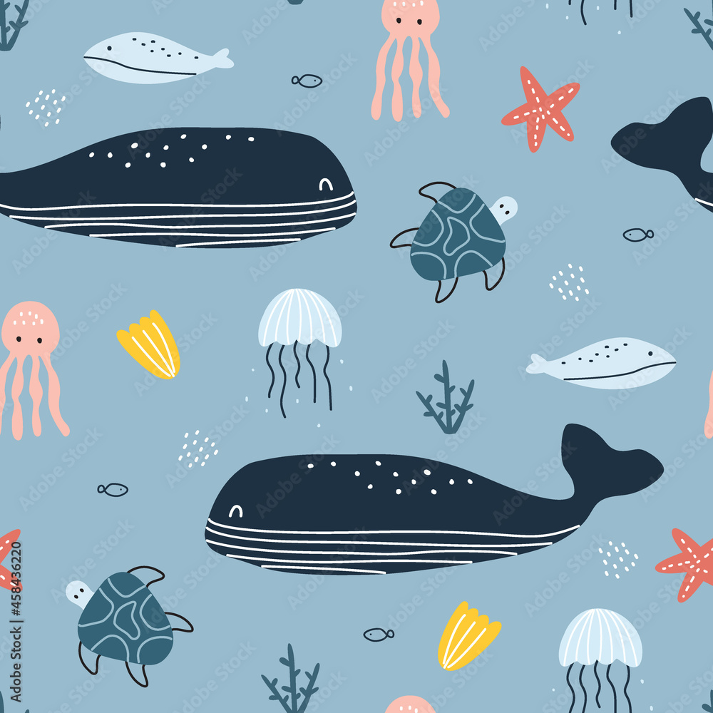 Blue whale seamless pattern with marine life Cute Animal Cartoon ...