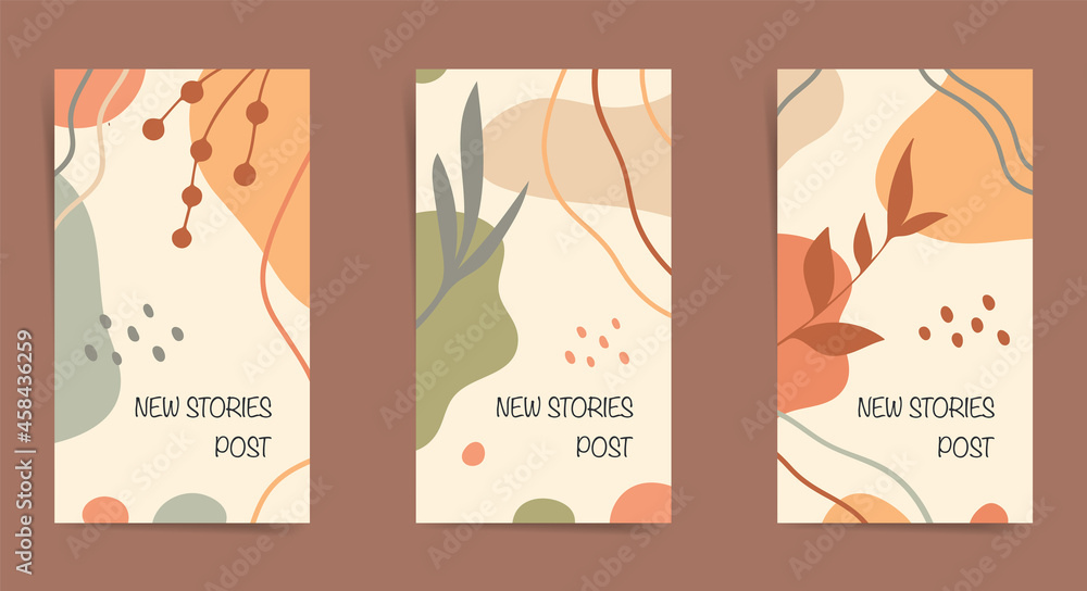 Social media stories banners design set. Autumn design for new stories. Fall design with geometric shapes, leaves and lines in orange, green and beige colors. Creative illustration with floral print.