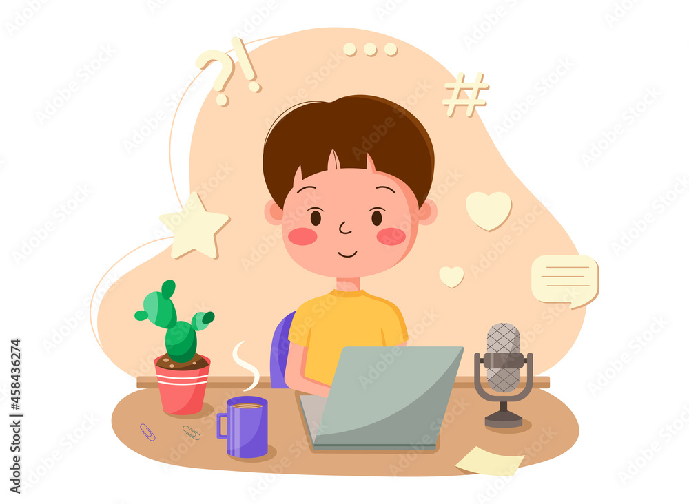 Boy sitting in front of a laptop. Vector illustration for freelance, online classes, distance work or study. Recording a podcast at the desk with cactus and coffee. Kawaii trendy isolated illustration Boy sitting in front of a laptop. Vector illustration for freelance, online classes, distance work or study. Recording a podcast at the desk with cactus and coffee. Kawaii trendy isolated illustration
