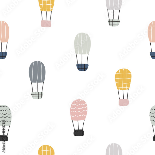 Seamless background cartoon pattern balloons floating in the sky Hand drawn design in children's style. Use for prints, wallpapers, decorations, textiles, vector illustrations.