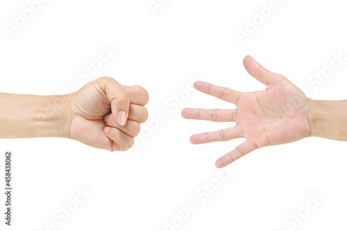 Rock-paper-scissors game settled lose - win between two people of Man hand isolated on white background , clipping path for design usage purpose.