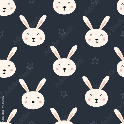Seamless pattern A rabbit with a pink face and smiling happy Cute animal cartoon character Used for print  background  gift wrap  children s clothing  textile  vector illustration