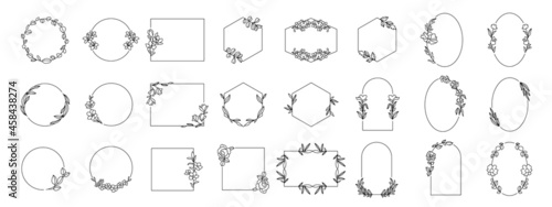 Wedding logo. Laurels frames branches with circle and geometric shape borders vector. Floral wreaths with leaves , flower, herb, ornate. Decorative elements wedding invitation, banner and packaging
