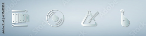 Set Xylophone, Vinyl disk, Triangle musical instrument and Bandura. Paper art style. Vector