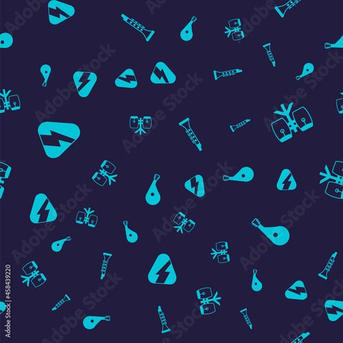 Set Guitar pick, Conga drums, Clarinet and Bandura on seamless pattern. Vector