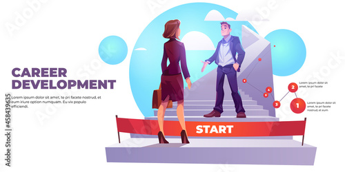 Career development poster with girl worker and ladder to professional success. Vector banner with cartoon illustration of businessman greets woman employee at start