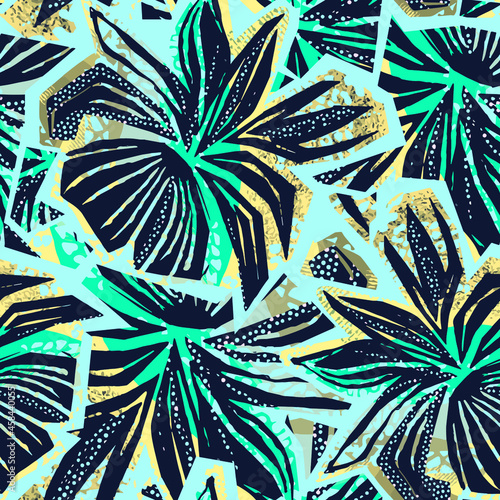 Seamless abstract  wild exotic floral ink hand drawn pattern. Trendy repeating watercolor blotted background texture.