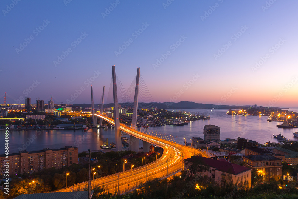Night Bridge over the Golden Horn city of Vladivostok