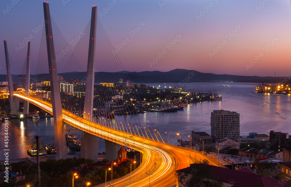 Night Bridge over the Golden Horn city of Vladivostok