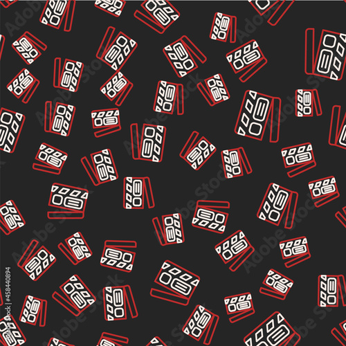 Line Movie clapper icon isolated seamless pattern on black background. Film clapper board. Clapperboard sign. Cinema production or media industry. Vector