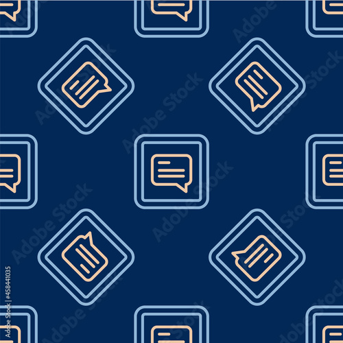 Line Video with subtitles icon isolated seamless pattern on blue background. Vector