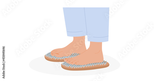 Sadhu Board. Bed of Nails. Yogic exercise. Fire Meditation Boards. Yoga desk. A feet standing on nails. Spiritual practice. Vector illustration in flat style.