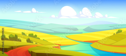 Summer landscape with green fields, river and road. Vector cartoon illustration of countryside with meadows and grassland on hills, water stream and rural road on riverside