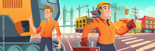 City street with builders, machinery and construction site with tower cranes. Vector cartoon illustration of workers in orange uniform, excavator on road and building works in town