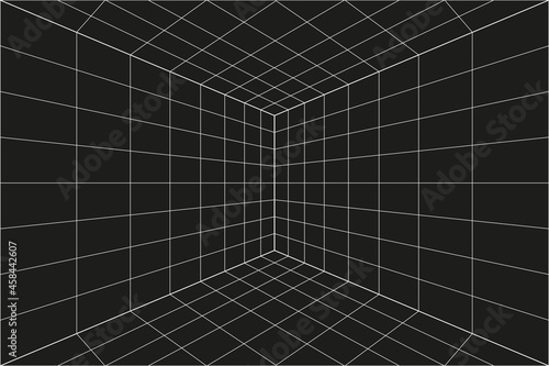 Grid perspective black room corner. Gray wireframe background. Digital cyber box technology model. Vector abstract architectural template