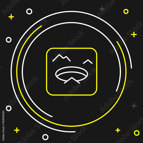 Line Winter fishing icon isolated on black background. Round ice frame. Hole in ice. Colorful outline concept. Vector