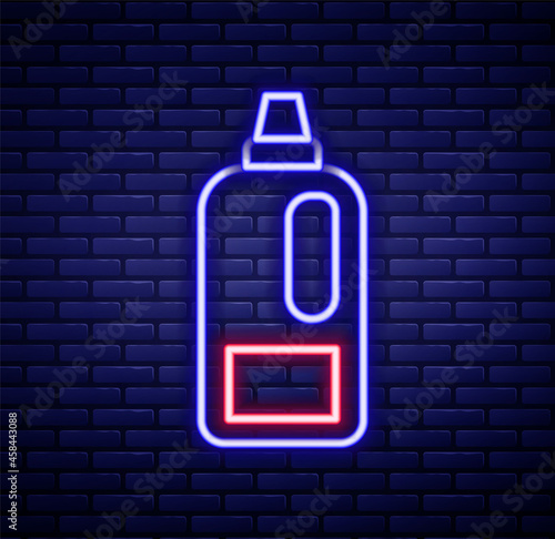 Glowing neon line Plastic bottle for laundry detergent, bleach, dishwashing liquid or another cleaning agent icon isolated on brick wall background. Colorful outline concept. Vector