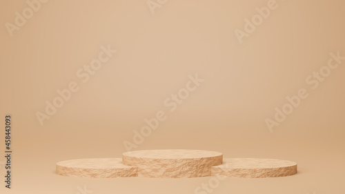 Fototapeta Naklejka Na Ścianę i Meble -  Circle podium brown pastel color with rock texture and three ranks. 3D Rendering illustration. Mock-up showcase for product branding banner and cosmetics product. Product presentation minimal.