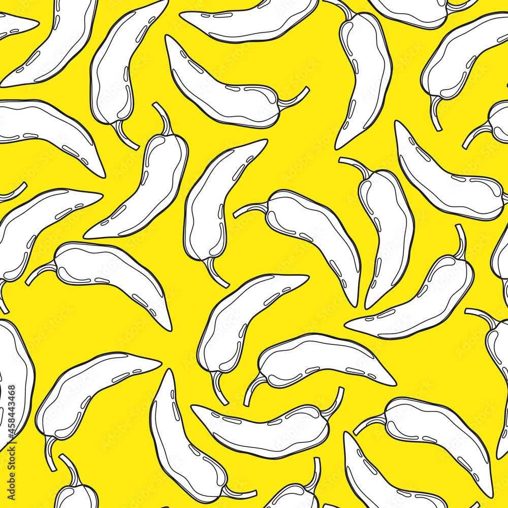 Obraz premium Yellow Pepper vector seamless pattern. Mexican chili spicy vegetable. Hot paprika texture.