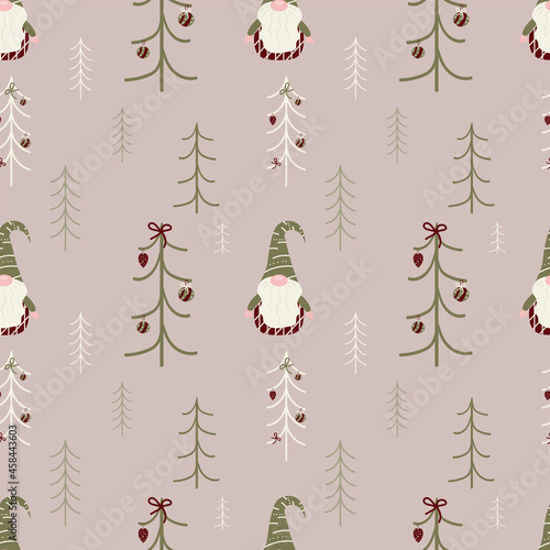 Merry Christmas seamless pattern with cute gnome and decorated tree. Winter fairy happy holidays background. Cartoon design. Vector illustration