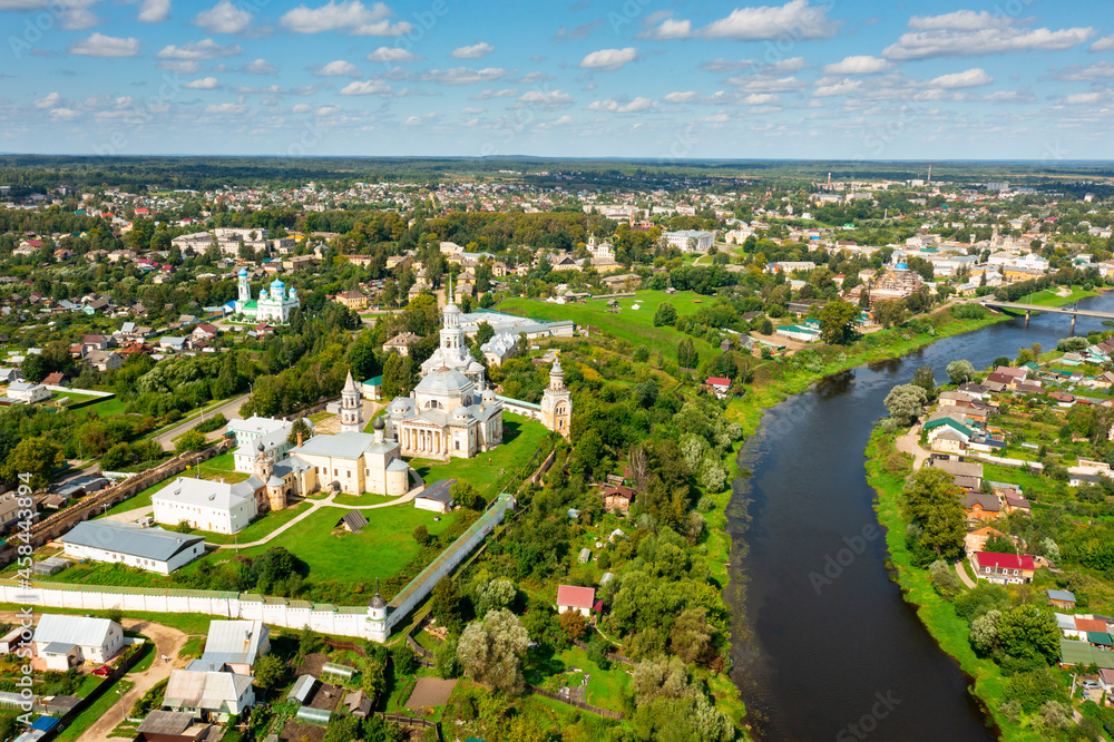 Airscape of Russian city Torzhok. Borisoglebsky monastery visible from above.