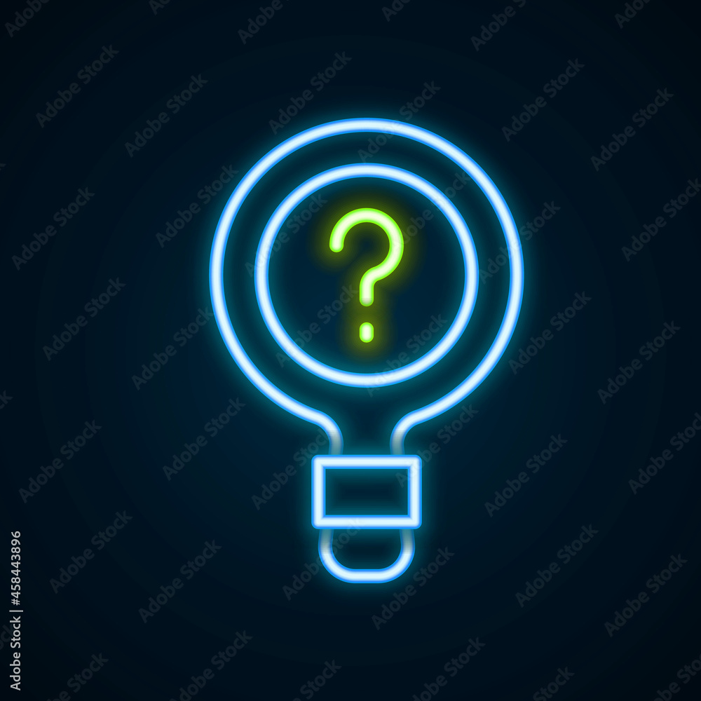 Glowing neon line Unknown search icon isolated on black background. Magnifying glass and question mark. Colorful outline concept. Vector Glowing neon line Unknown search icon isolated on black background. Magnifying glass and question mark. Colorful outline concept. Vector