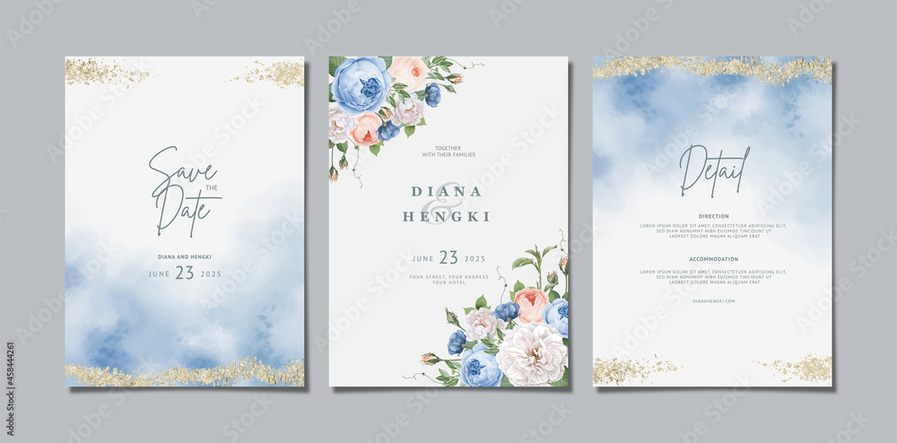 Fototapeta wedding invitation card template with watercolor and beautiful floral
