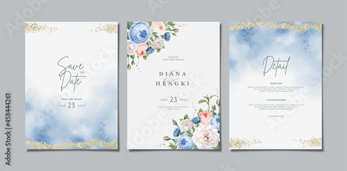 wedding invitation card template with watercolor and beautiful floral
