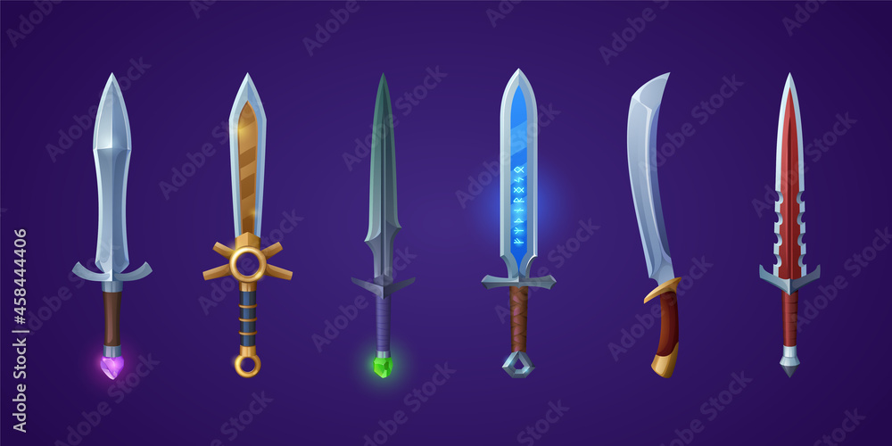 Medieval swords, weapons of knight, king or warrior with magic runes and gems in handle. Vector cartoon set of fantasy dagger, knife and longsword for game interface