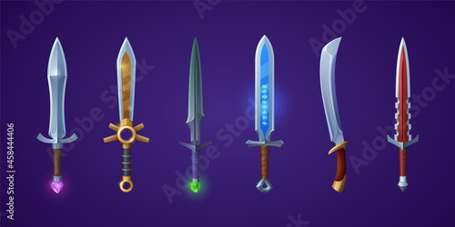 Medieval swords, weapons of knight, king or warrior with magic runes and gems in handle. Vector cartoon set of fantasy dagger, knife and longsword for game interface