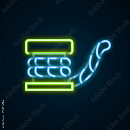 Glowing neon line Marine bollard with rope tied on pier icon isolated on black background. Colorful outline concept. Vector