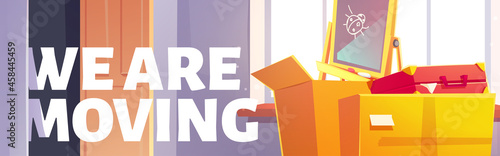 We are moving poster with cardboard boxes, suitcase and kids blackboard in empty room. Vector banner of house relocation, move service with cartoon interior of home with carton boxes and open door