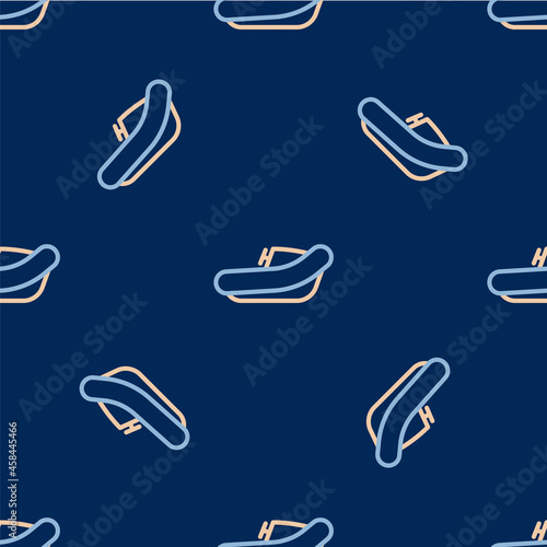 Line Inflatable boat with outboard motor icon isolated seamless pattern on blue background. Vector