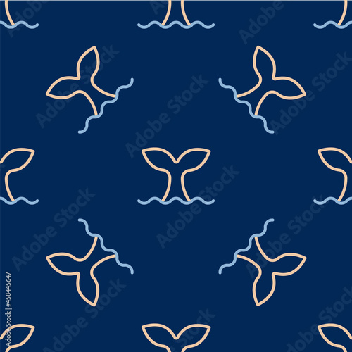 Line Whale tail in ocean wave icon isolated seamless pattern on blue background. Vector