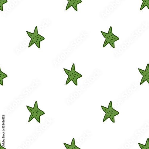 Seamless pattern. Doodle style hand drawn. Nature elements. Green stars on a white background.