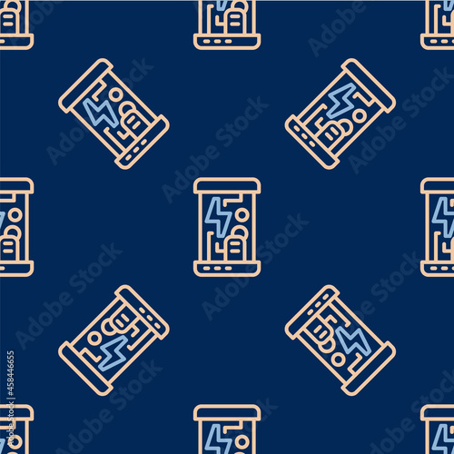 Line Futuristic cryogenic capsules or containers icon isolated seamless pattern on blue background. Cryonic technology for humans or cryogenic chamber. Vector